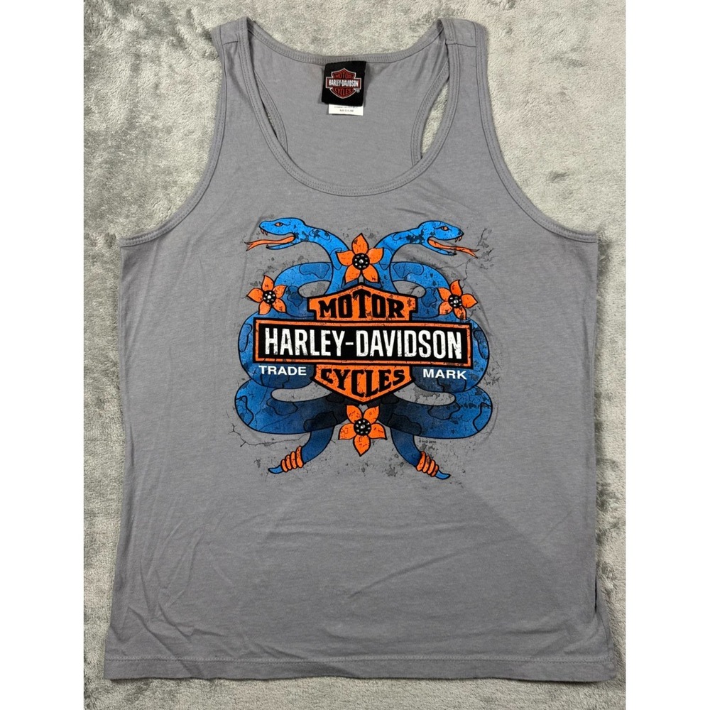 Harley-Davidson Snake Graphic Tank Top Women M Gray Racerback Biker Top 2010 VTG - Picture 2 of 8